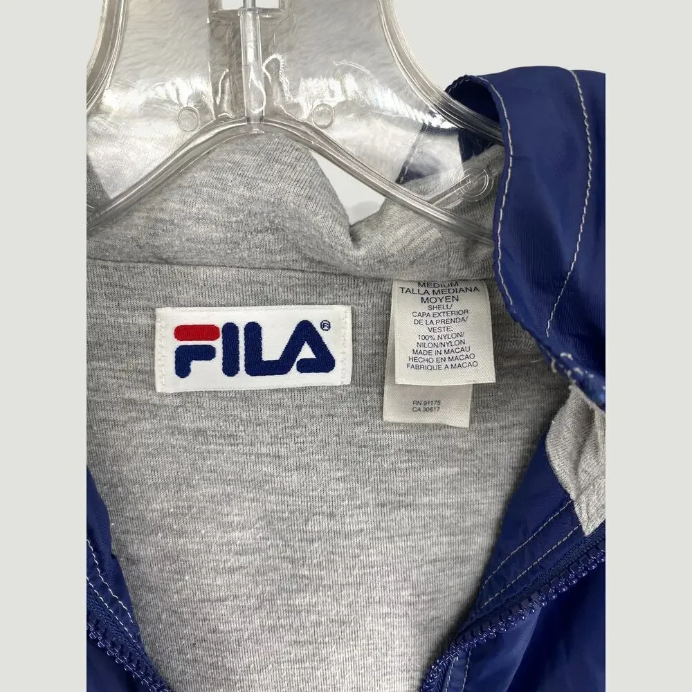 Vintage FILA Blue Hooded Windbreaker Jacket Zip Front 90s Sport Streetwear M